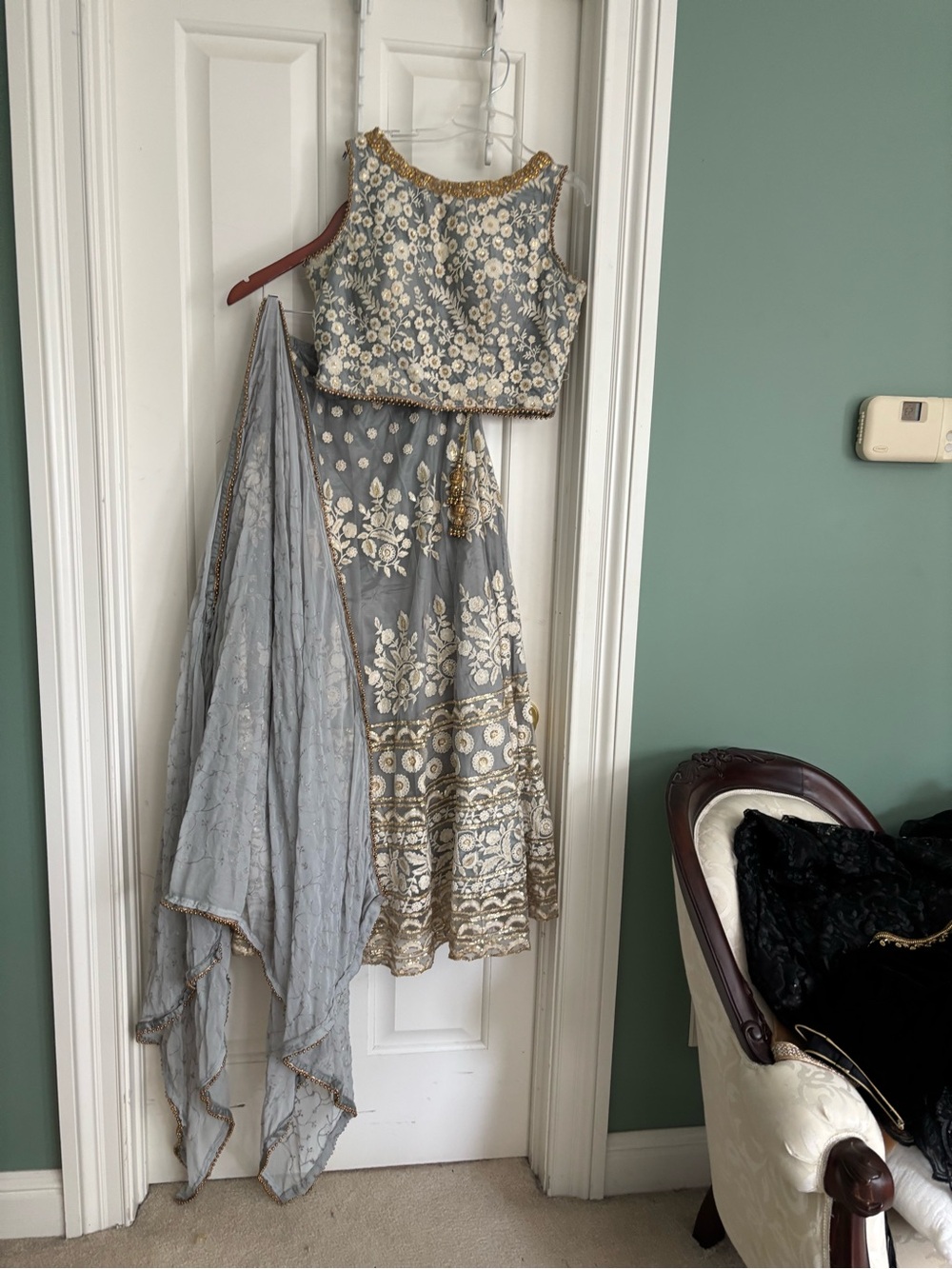 Gray Designer Embroidered Lehenga 3 pieces Set with Gold Accents. Large